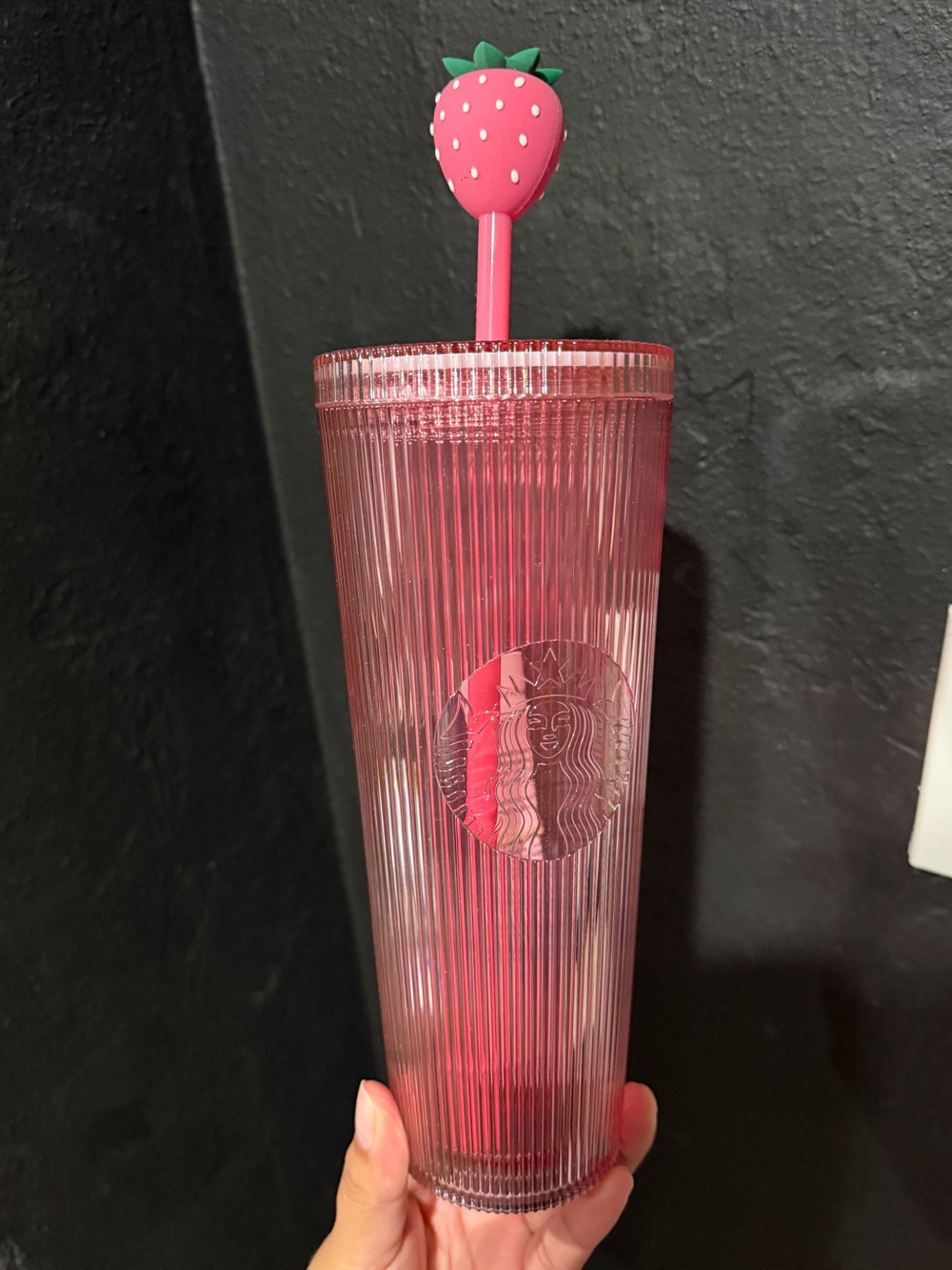 Starbucks Pink Ribbed Tumbler with Strawberry Topper